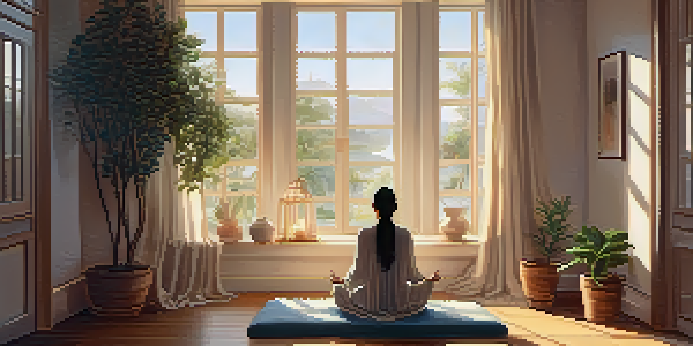 A peaceful meditation space with a person sitting cross-legged, surrounded by candles and plants, illuminated by sunlight.