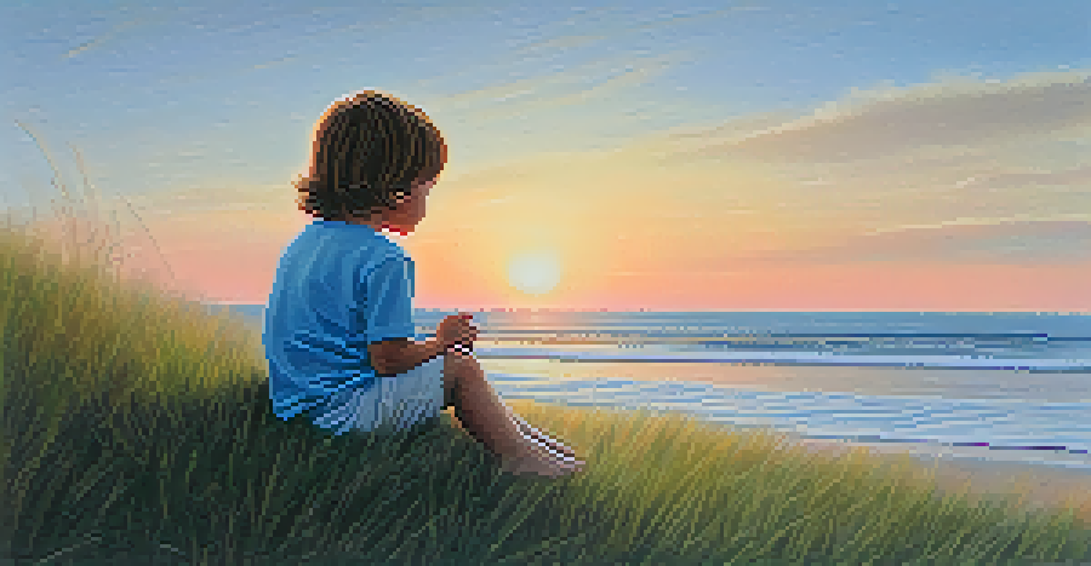 A child visualizing a beach scene while sitting on a grassy hill.