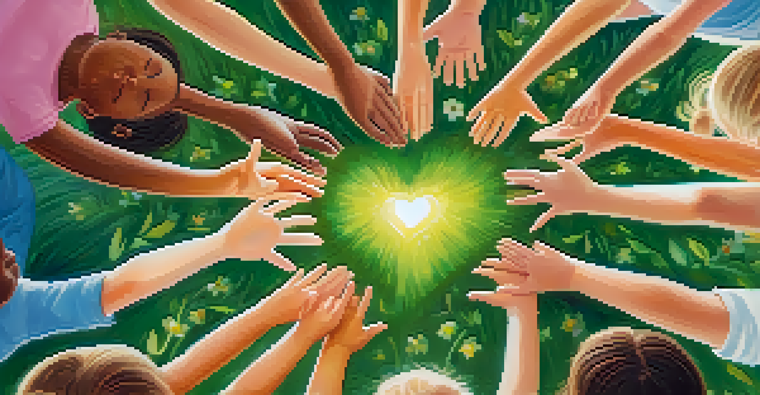 Children's hands forming a heart shape during an outdoor yoga class in a sunny park.
