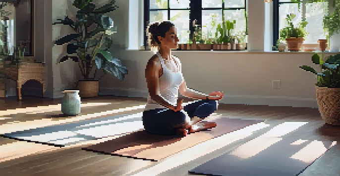 A person practicing diaphragmatic breathing in a serene yoga studio, surrounded by plants and soft morning light.