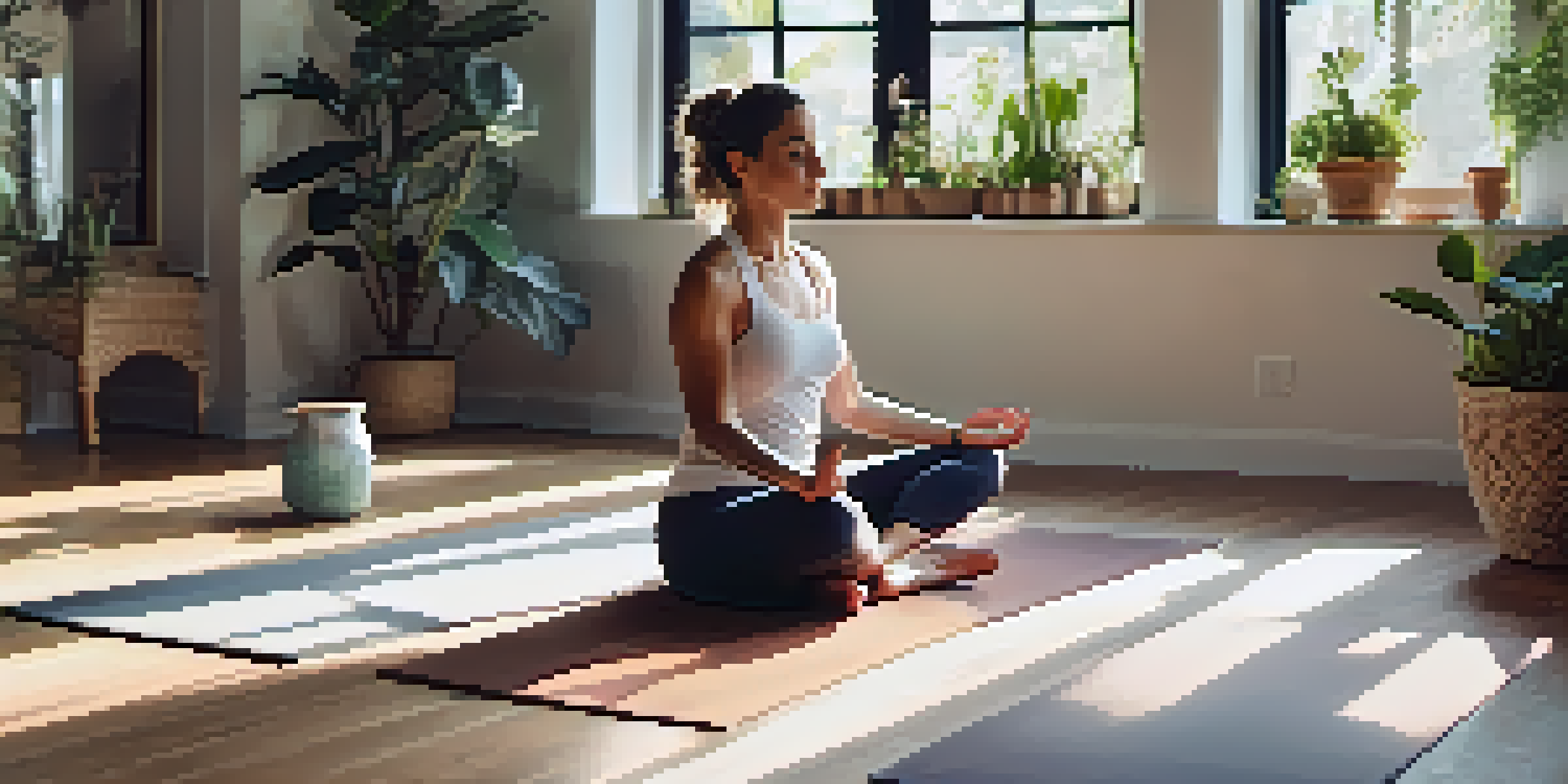 A person practicing diaphragmatic breathing in a serene yoga studio, surrounded by plants and soft morning light.