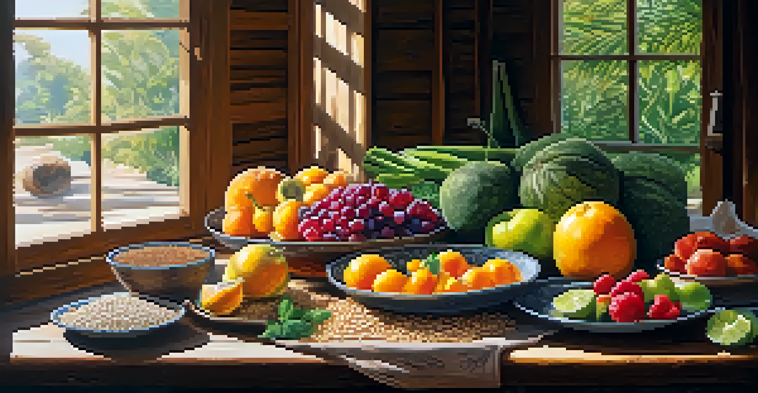 A colorful and healthy Ayurvedic meal displayed on a wooden table with fresh ingredients.