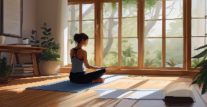 A person practicing yoga in a bright studio, sitting cross-legged on a mat, writing in a journal with plants around them.