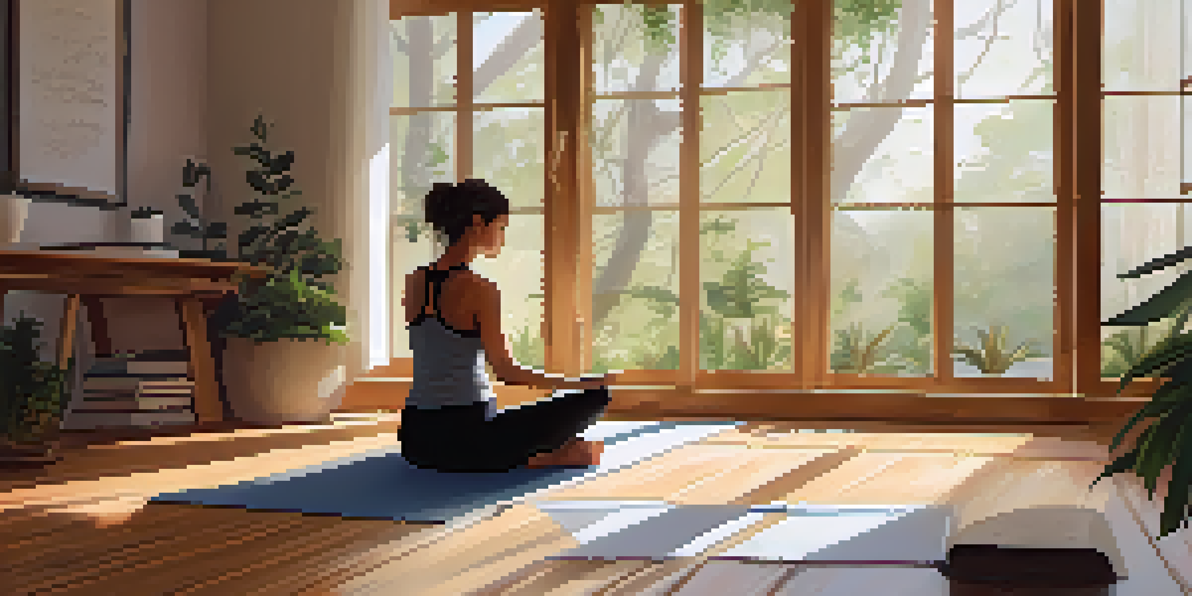 A person practicing yoga in a bright studio, sitting cross-legged on a mat, writing in a journal with plants around them.