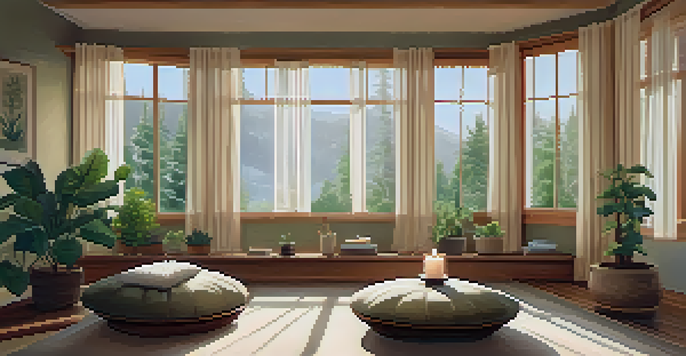 A peaceful indoor meditation space with natural light, plants, and a cozy meditation cushion.