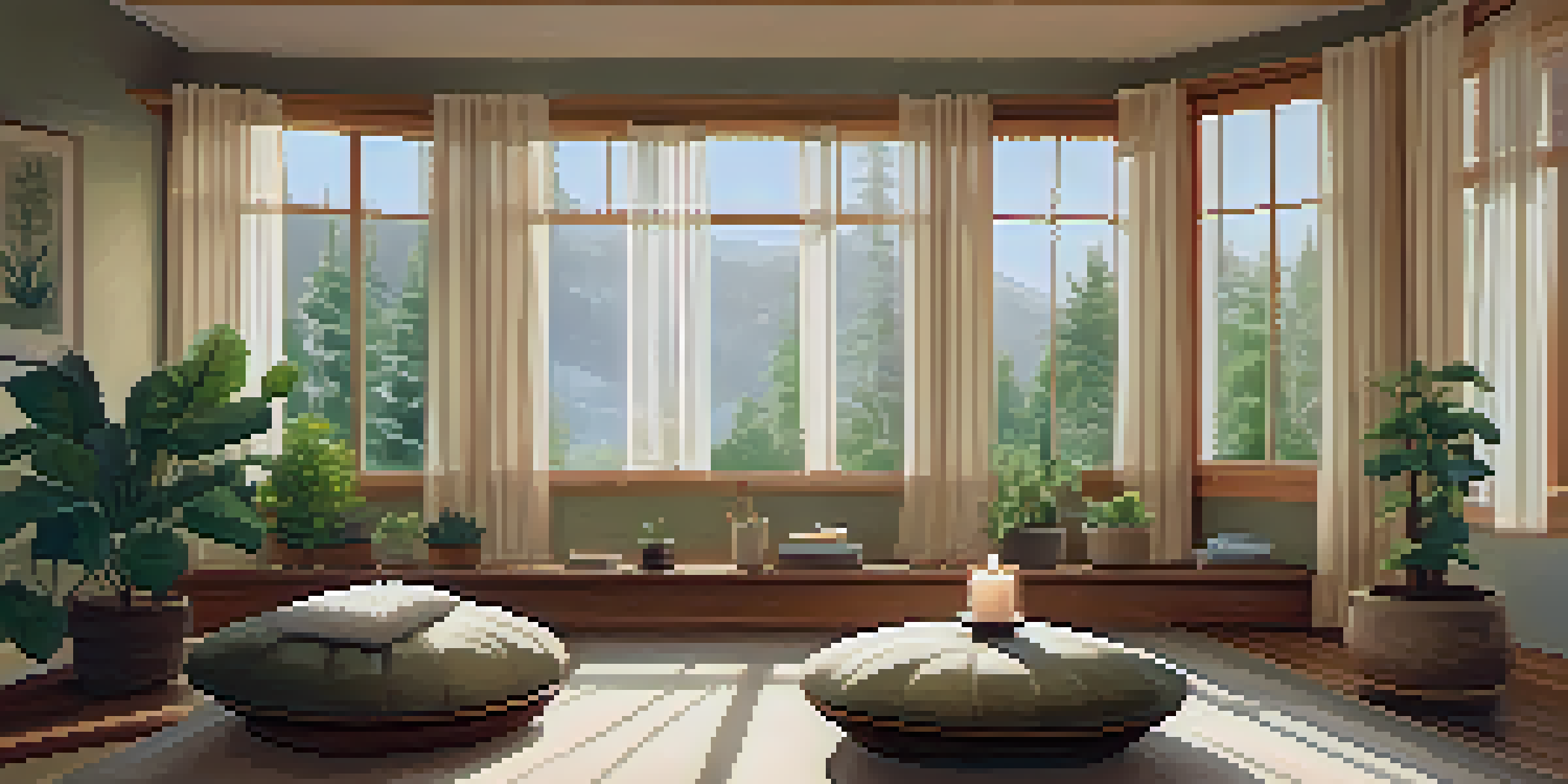 A peaceful indoor meditation space with natural light, plants, and a cozy meditation cushion.