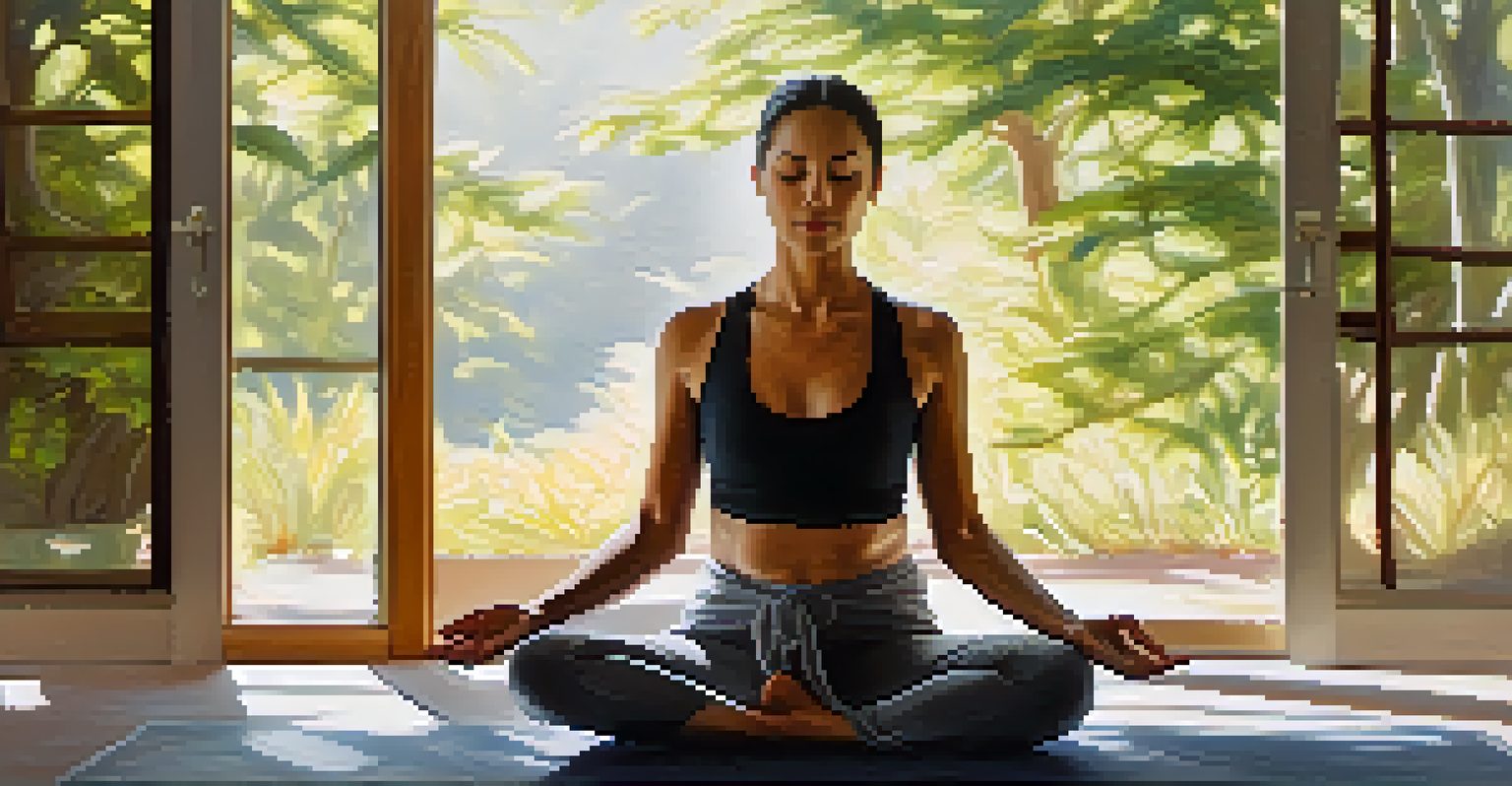 A person practicing deep breathing with eyes closed and a serene expression, in a sunlit space.