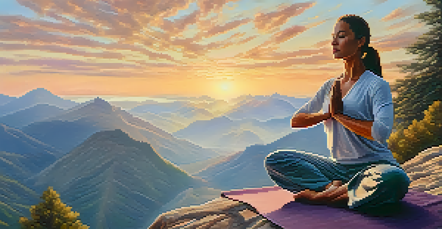 A person practicing yoga on a mountaintop at sunrise with a beautiful landscape.