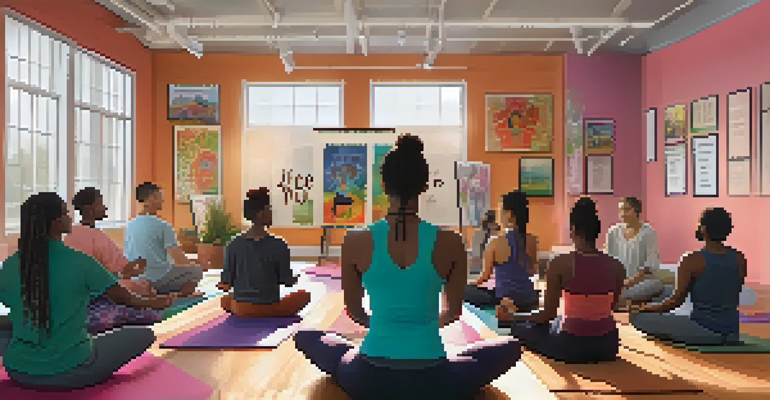 An instructor leading a yoga workshop in a colorful studio, with participants discussing social justice themes while practicing yoga. The room features inspiring quotes and artwork.