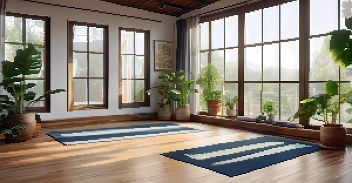 A tranquil yoga studio filled with natural light, yoga mats, and supportive props for restorative yoga practice.