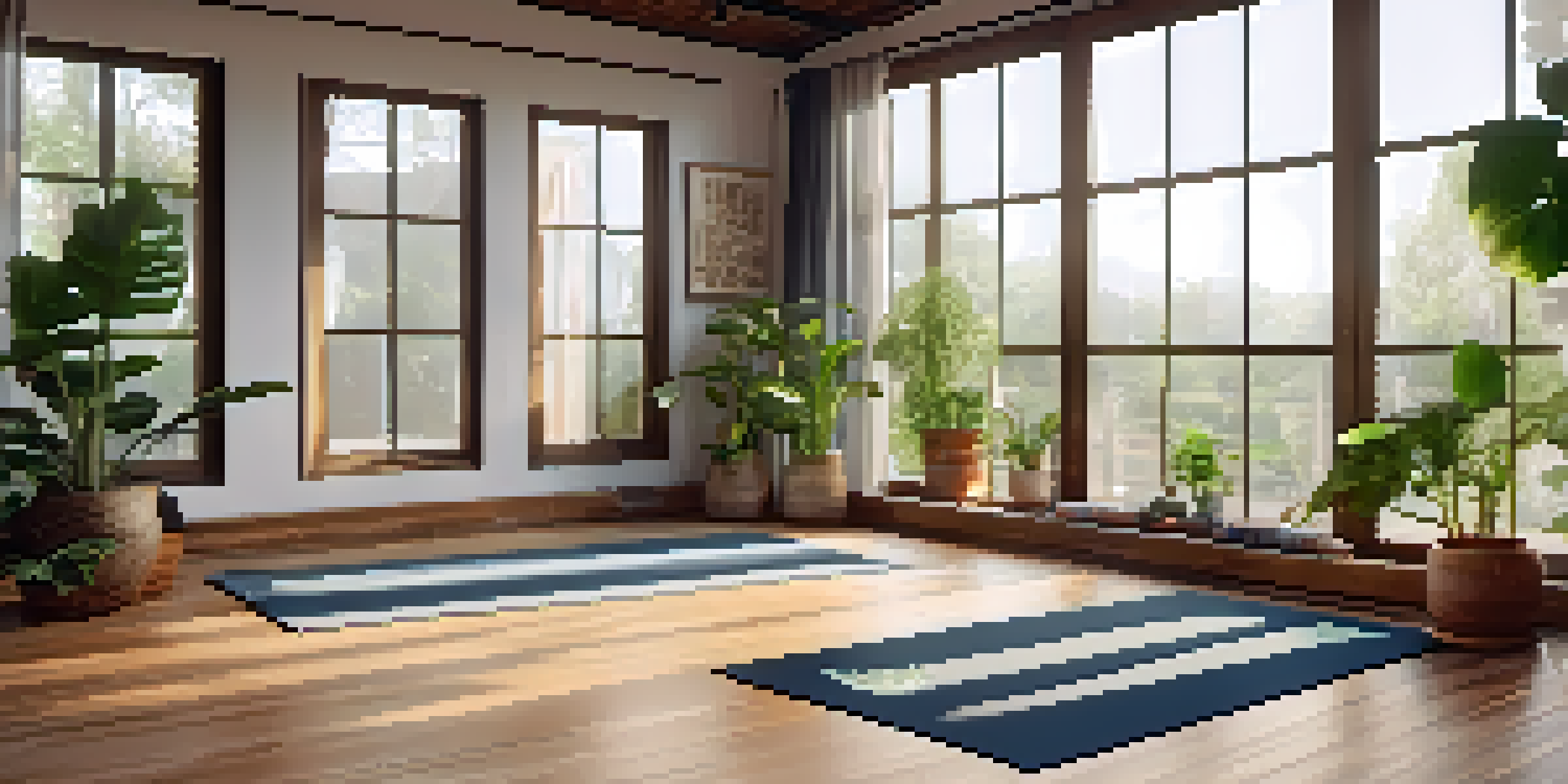 A tranquil yoga studio filled with natural light, yoga mats, and supportive props for restorative yoga practice.