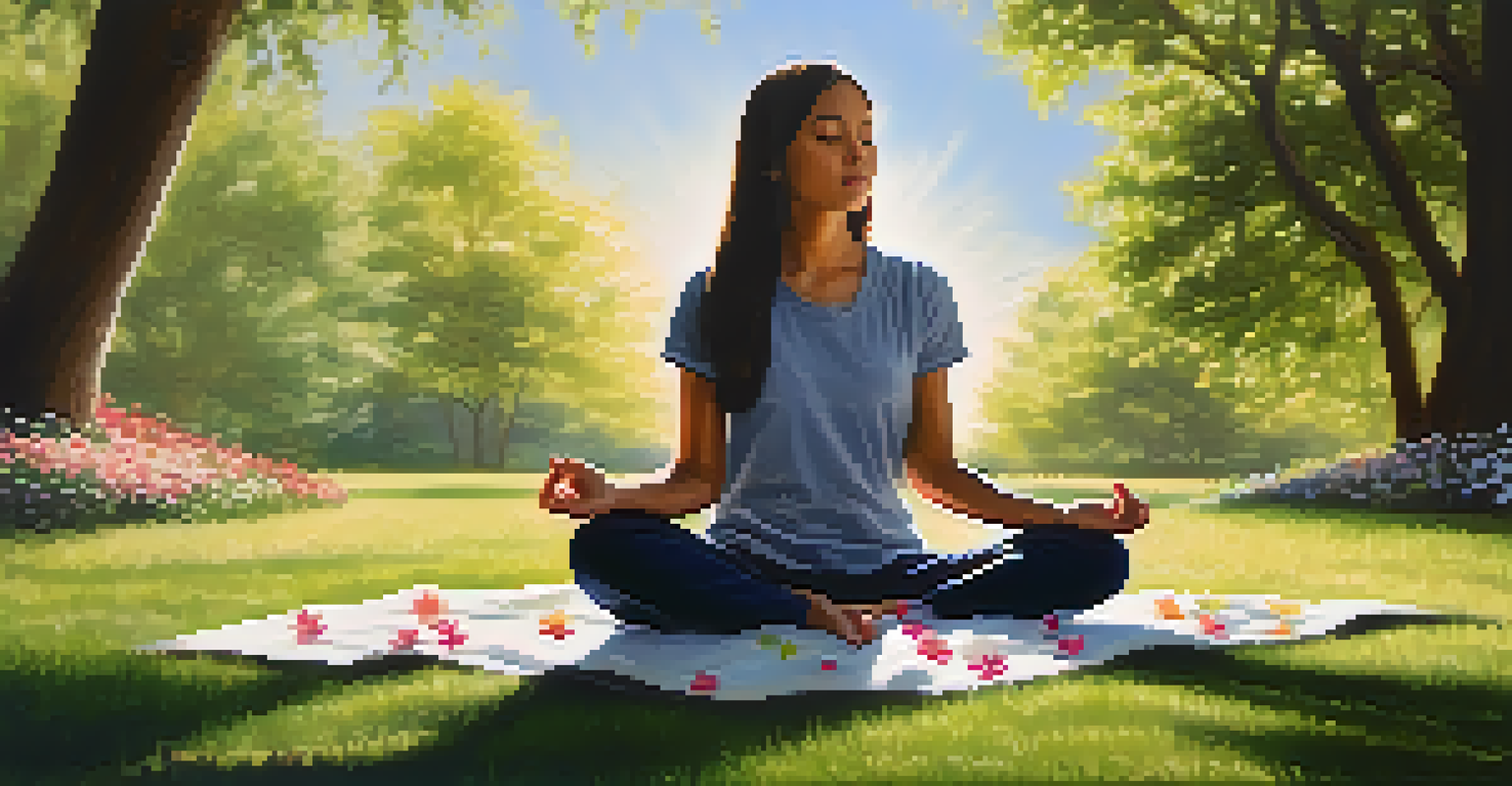 A student meditating in a lush outdoor setting surrounded by flowers and trees.