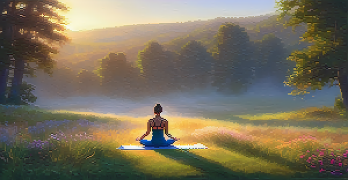 A person practicing Child's Pose in a peaceful outdoor setting during sunrise, surrounded by mist and nature.