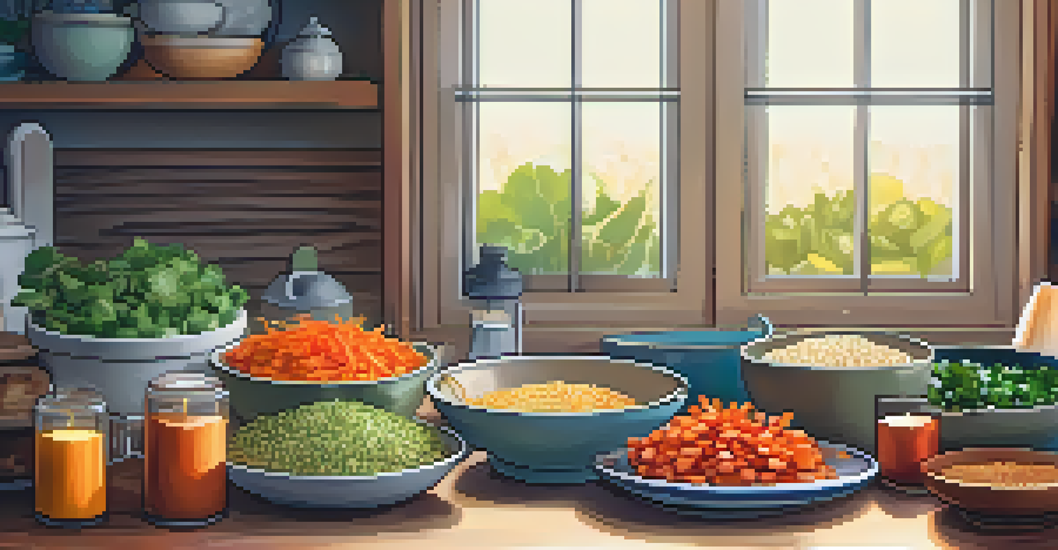 An inviting meal prep station with colorful bowls of ingredients and candles in the background.