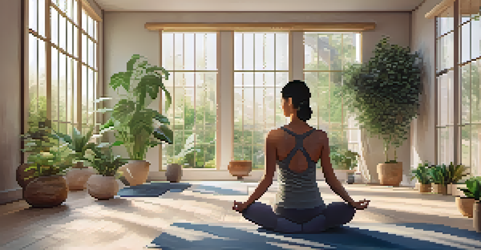 A person practicing yoga in a bright studio with plants, showcasing a calm and peaceful environment.
