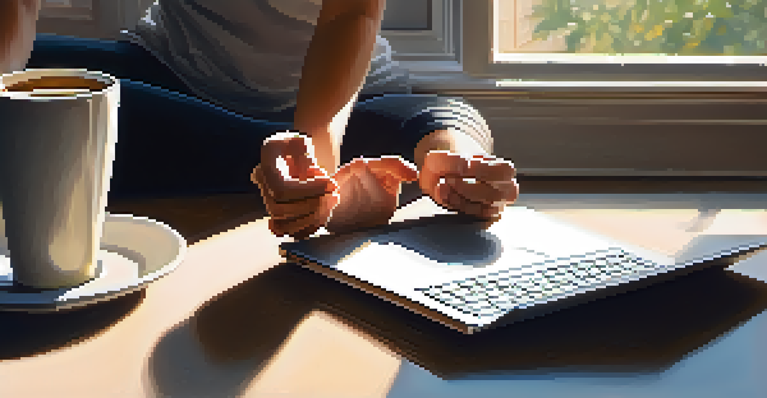 A close-up of a person stretching in a yoga pose at their desk, with a laptop and coffee cup in view.