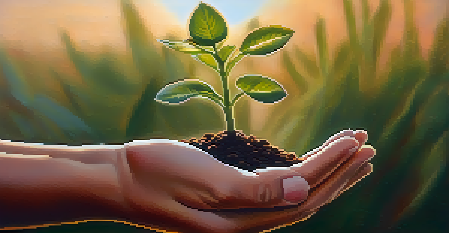 A close-up of hands holding a small plant against a warm sunset background, symbolizing growth and compassion.