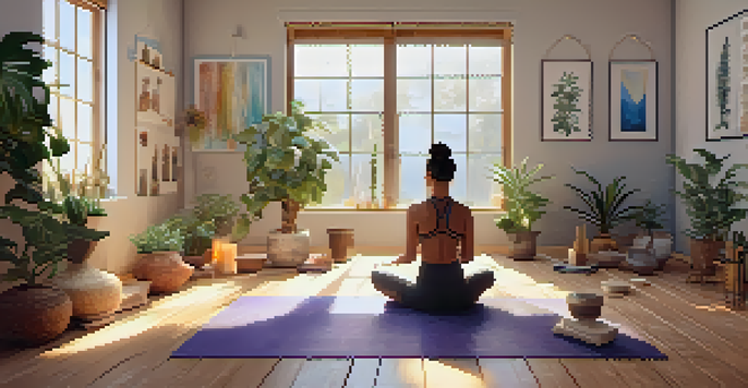 A serene yoga space with a person meditating on a mat, surrounded by plants and soft light.