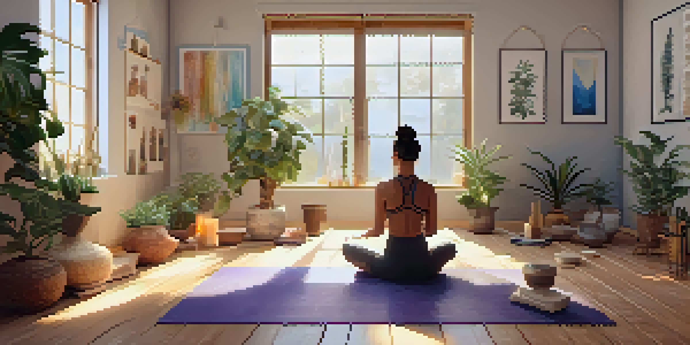 A serene yoga space with a person meditating on a mat, surrounded by plants and soft light.