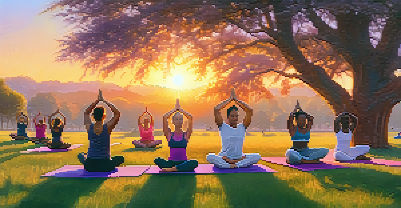 A diverse group of individuals practicing yoga poses outdoors during a colorful sunrise.