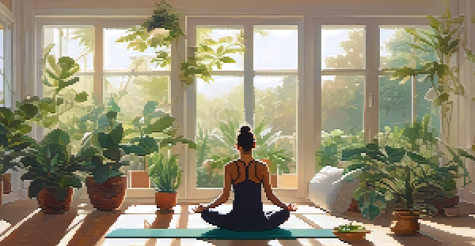 A tranquil yoga scene with a person meditating on a yoga mat in a sunlit room surrounded by plants.