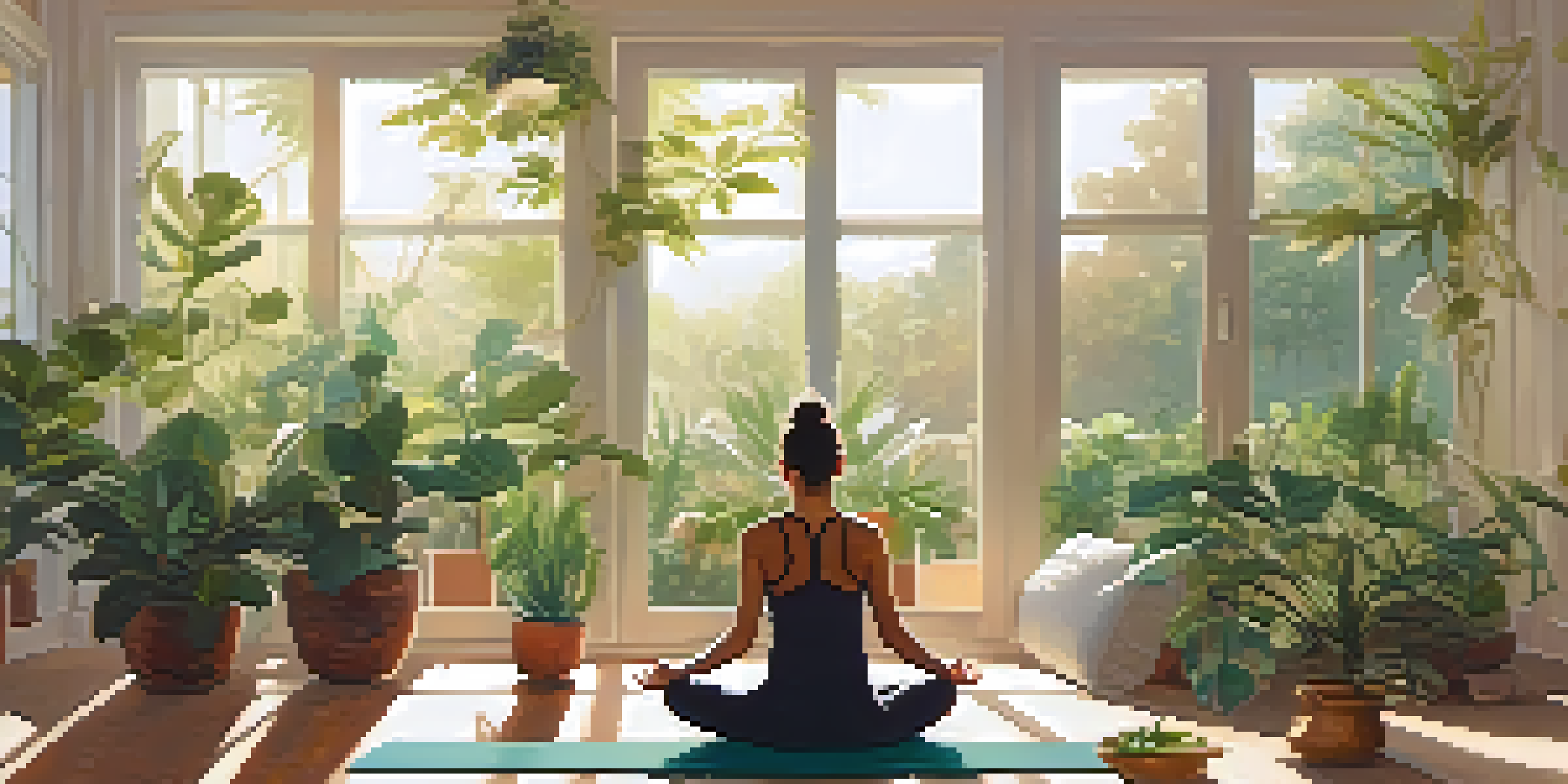A tranquil yoga scene with a person meditating on a yoga mat in a sunlit room surrounded by plants.
