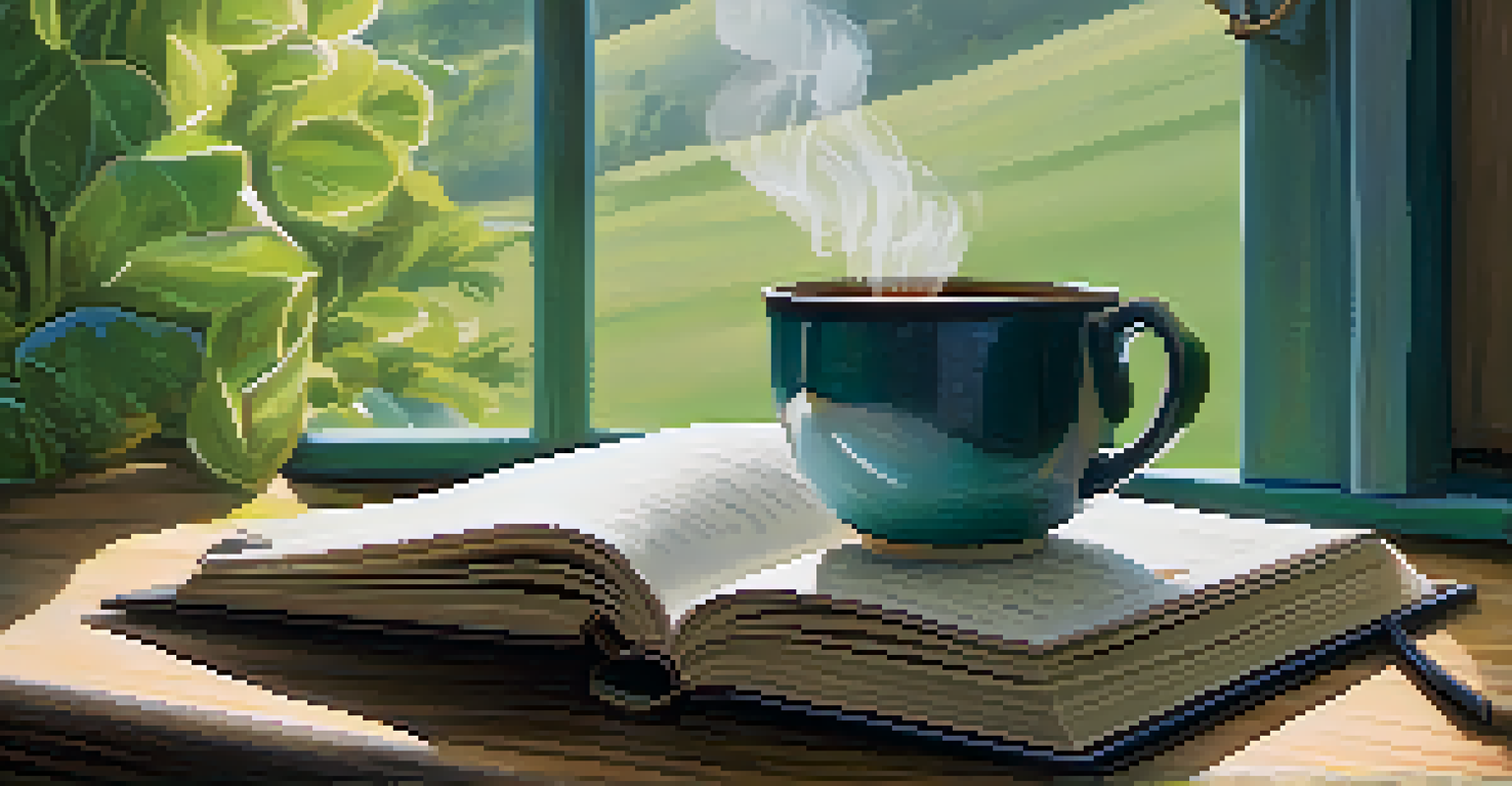 A journal and herbal tea on a table with a view of a garden, representing personal growth.
