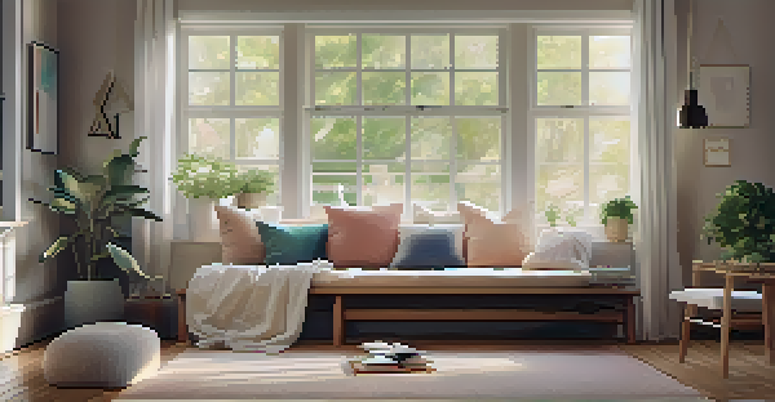 A person practicing box breathing in a cozy home setting with soft lighting and cushions.