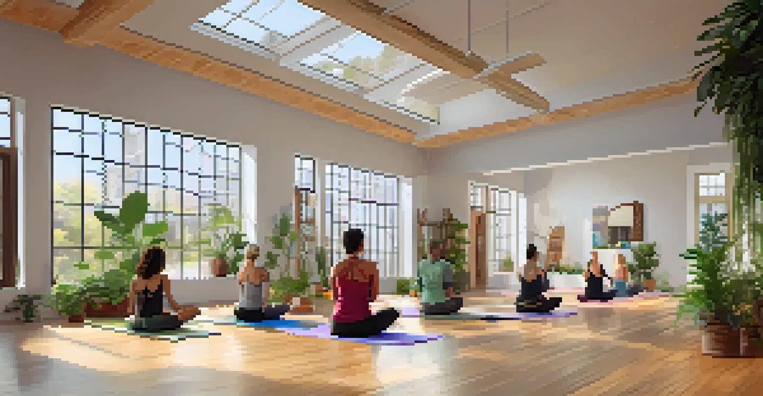 A diverse group of individuals practicing yoga in a sunlit studio with plants, wooden floors, and colorful mats, led by an instructor.