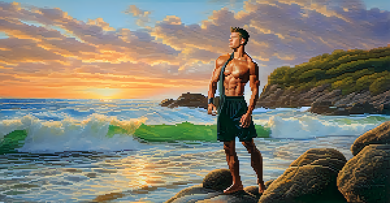 A male athlete in Warrior II pose on a beach at sunset, surrounded by a beautiful natural landscape.