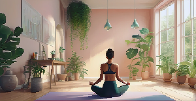 A peaceful yoga studio with a person practicing yoga on a mat, surrounded by green plants and warm lighting.