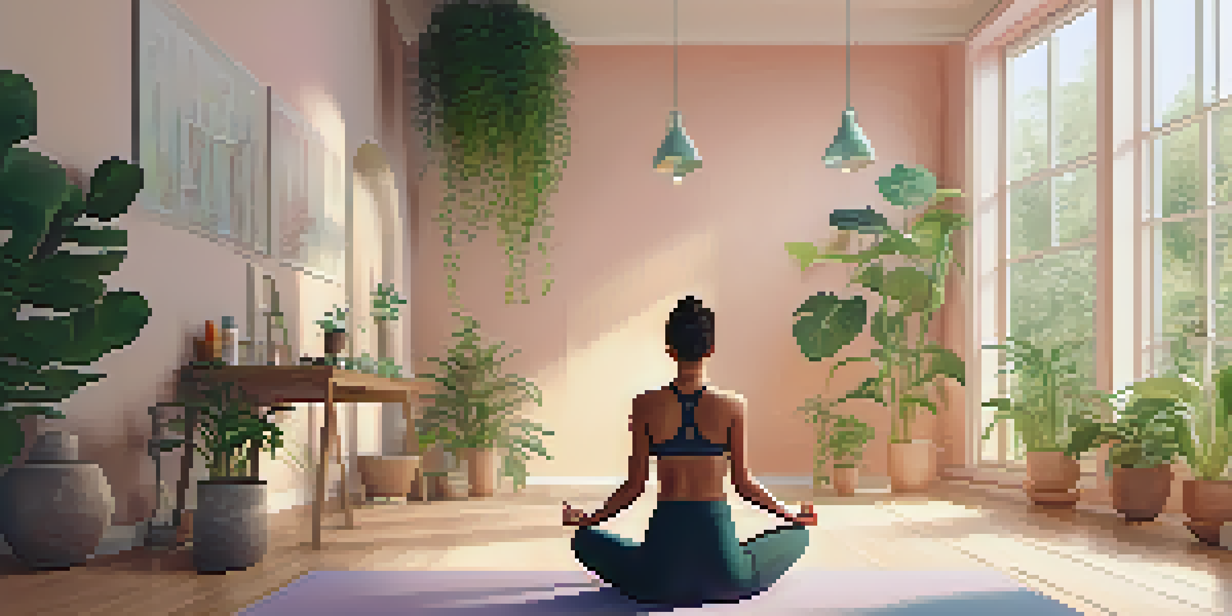 A peaceful yoga studio with a person practicing yoga on a mat, surrounded by green plants and warm lighting.