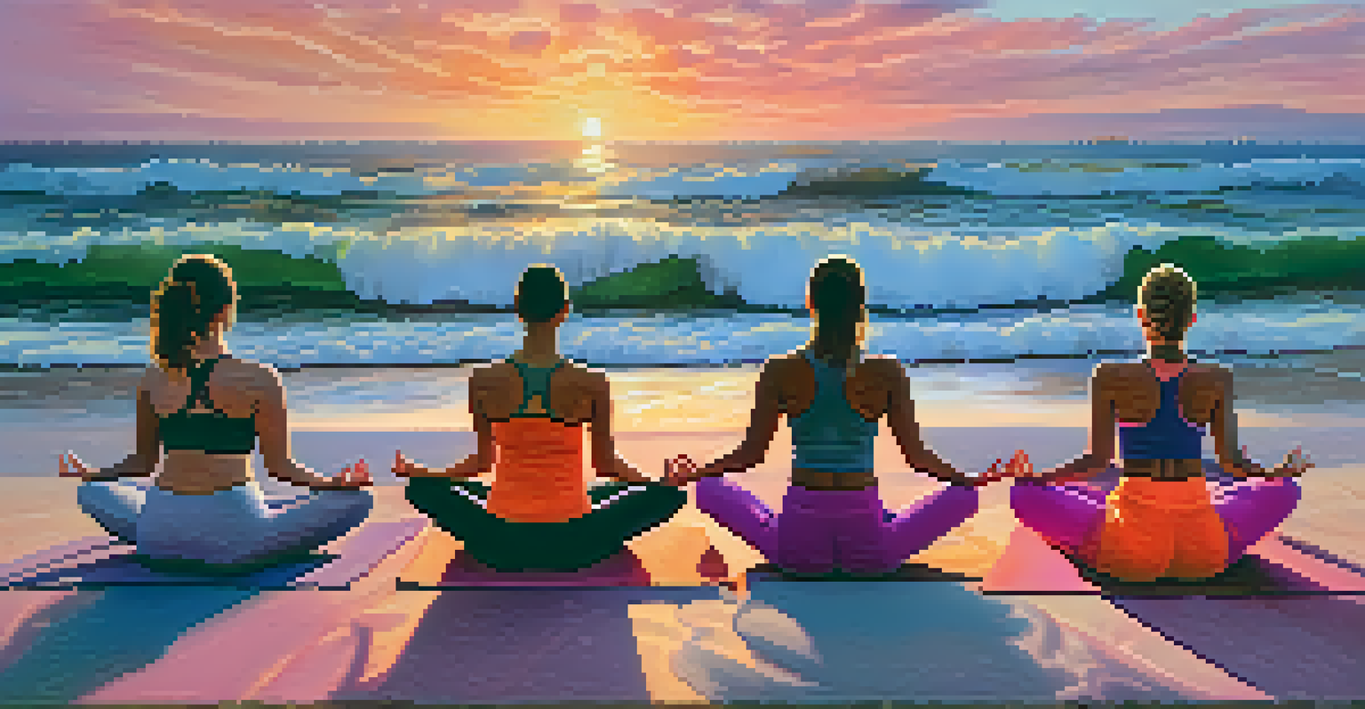 A group of diverse yoga practitioners on a beach at sunset, demonstrating various yoga poses.