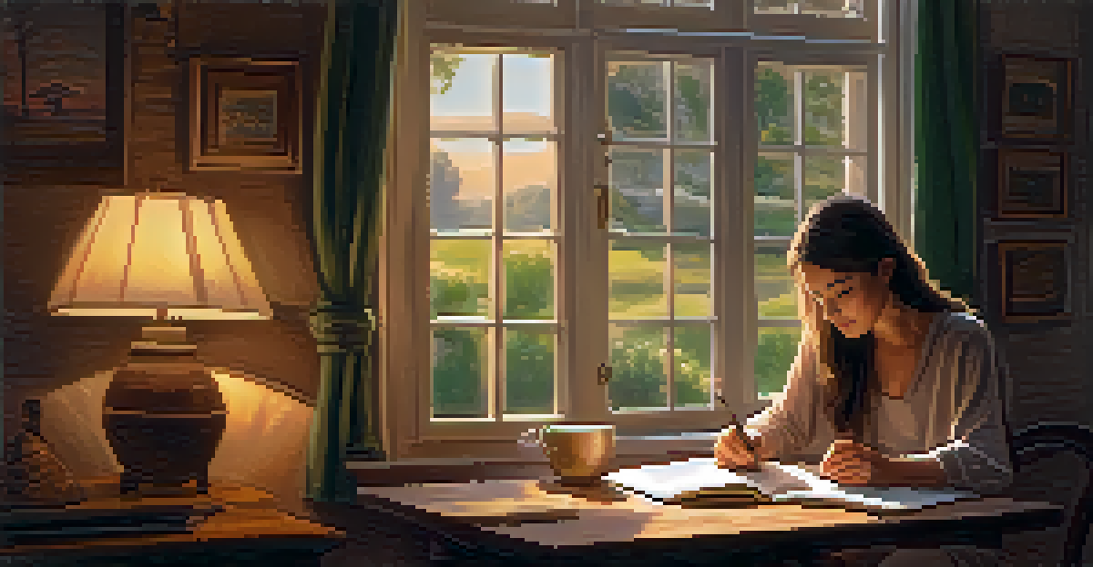 A person journaling at a table with a cup of tea, warm light from a lamp illuminating the cozy home environment, creating a reflective atmosphere.