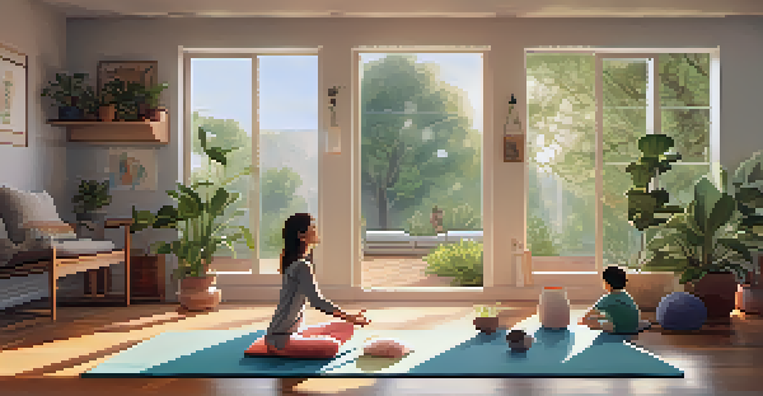 A mother practicing yoga in a cozy living room with sunlight streaming through the window and children playing nearby.