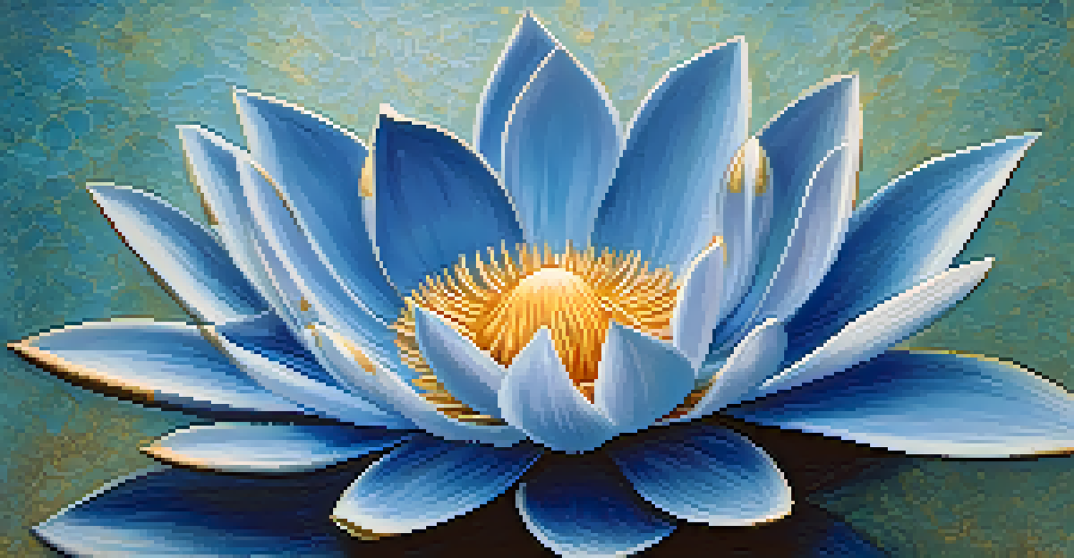 An artistic depiction of the throat chakra symbol, featuring a blue lotus flower on a textured background of calming blue and gold.