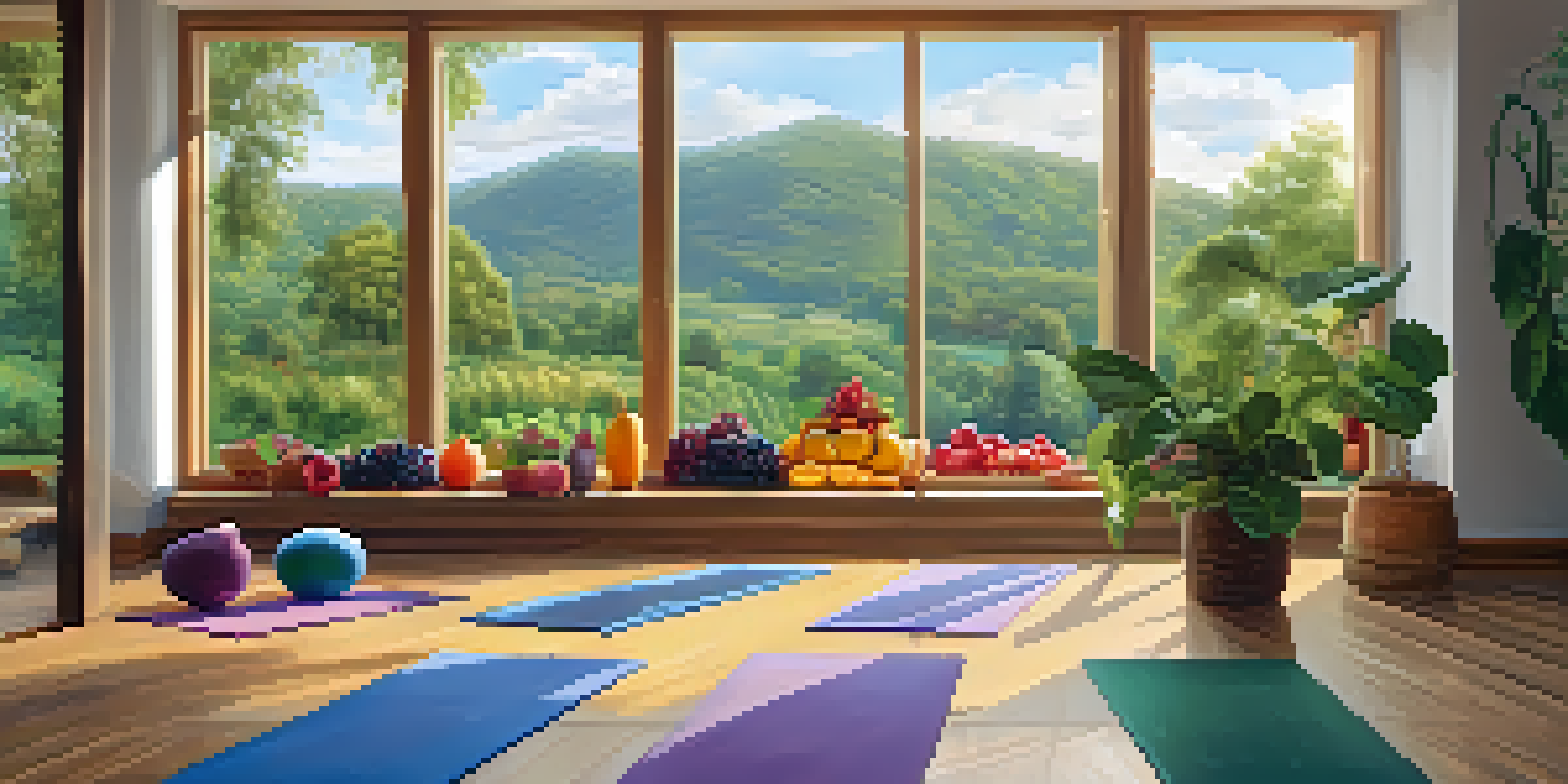 A person practicing yoga in a bright studio with large windows, surrounded by healthy foods.