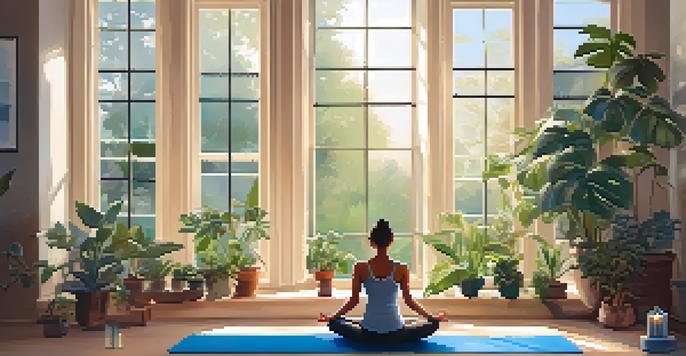 A peaceful yoga studio with a practitioner in Child’s Pose surrounded by plants and soft morning light.