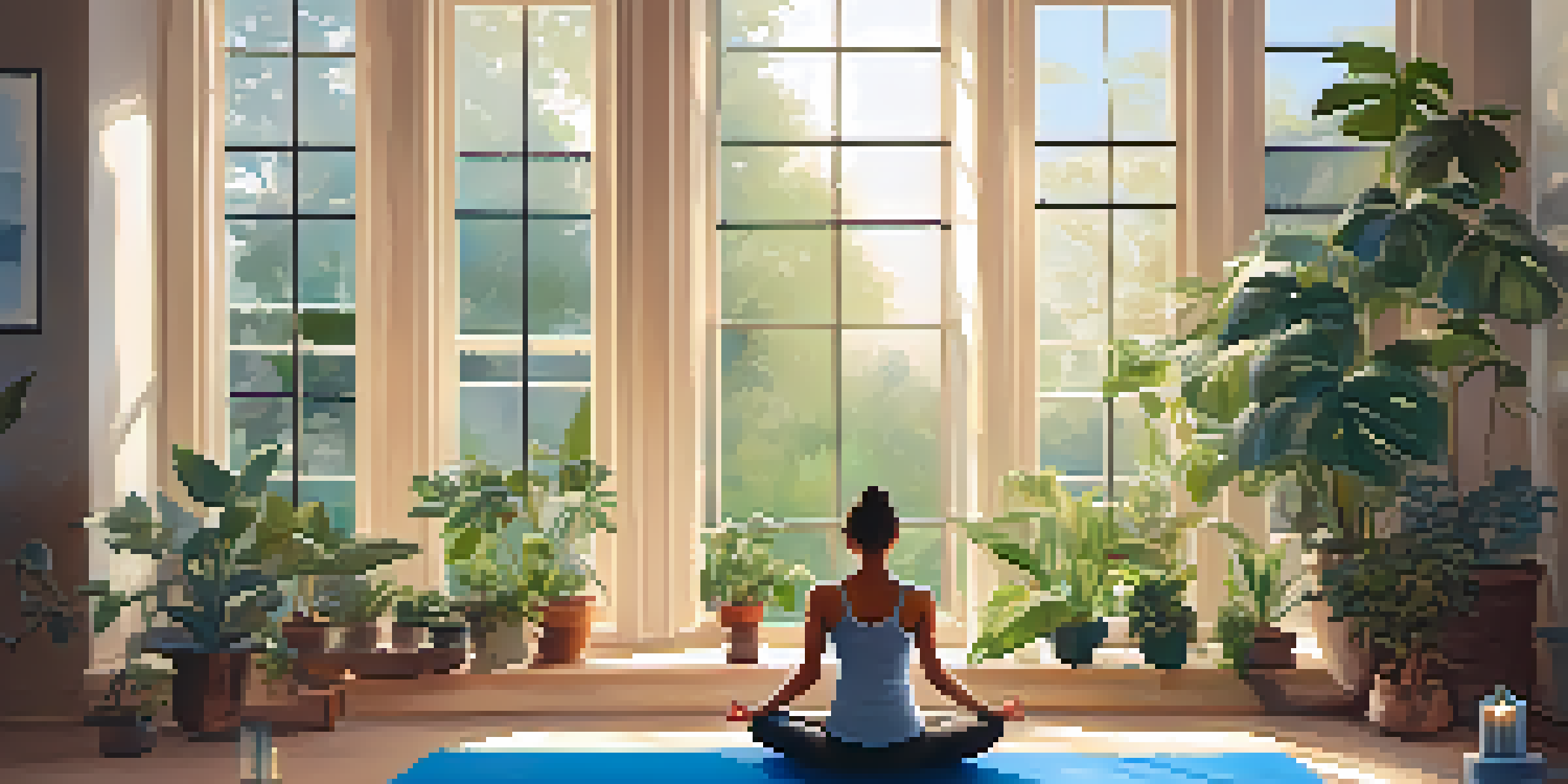 A peaceful yoga studio with a practitioner in Child’s Pose surrounded by plants and soft morning light.