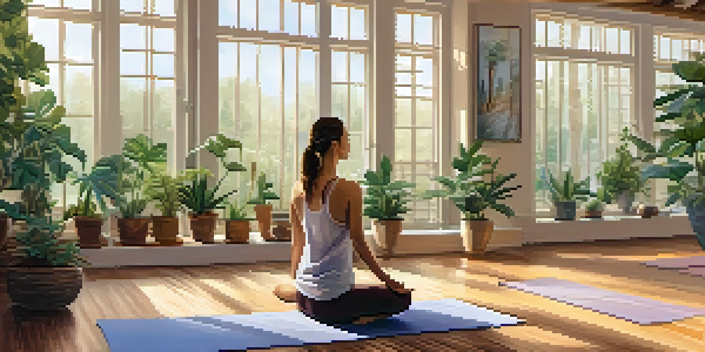A person practicing yoga in a sunlit studio filled with plants and soft pastel colors.