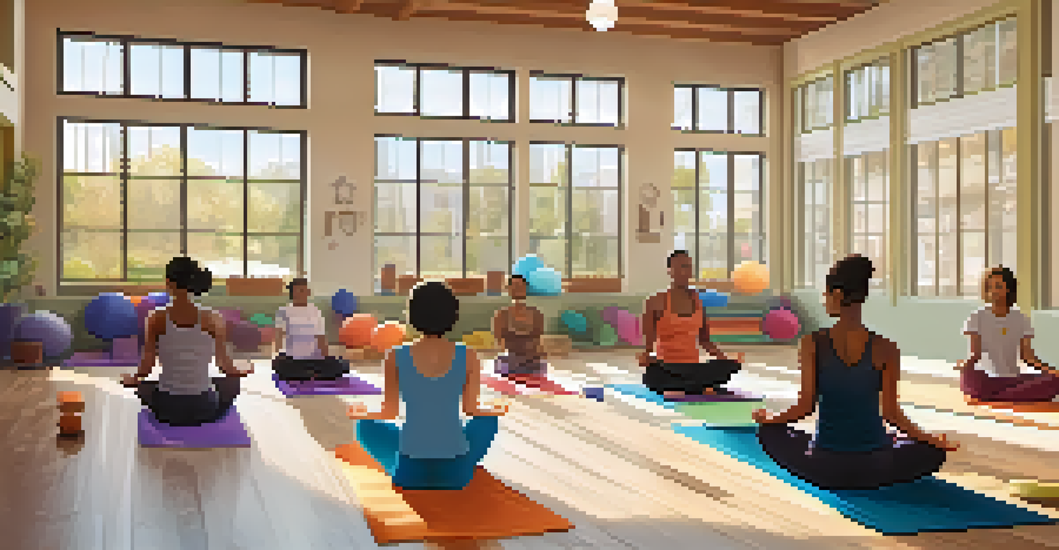 An inclusive indoor yoga class in a community center with diverse participants practicing gentle yoga under soft natural light.