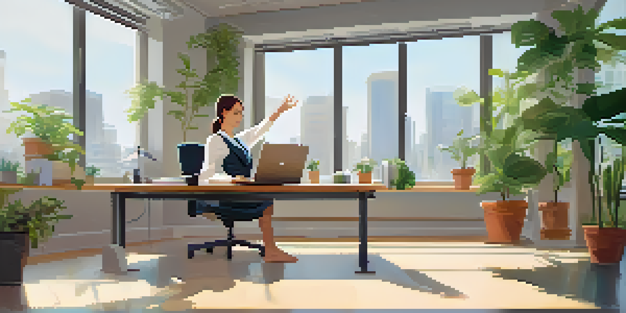 A person practicing desk yoga in an office, performing the Seated Cat-Cow stretch.