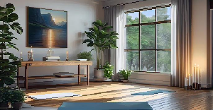 A peaceful indoor space for Pranayama practice with candles, crystals, and a yoga mat, illuminated by soft natural light.