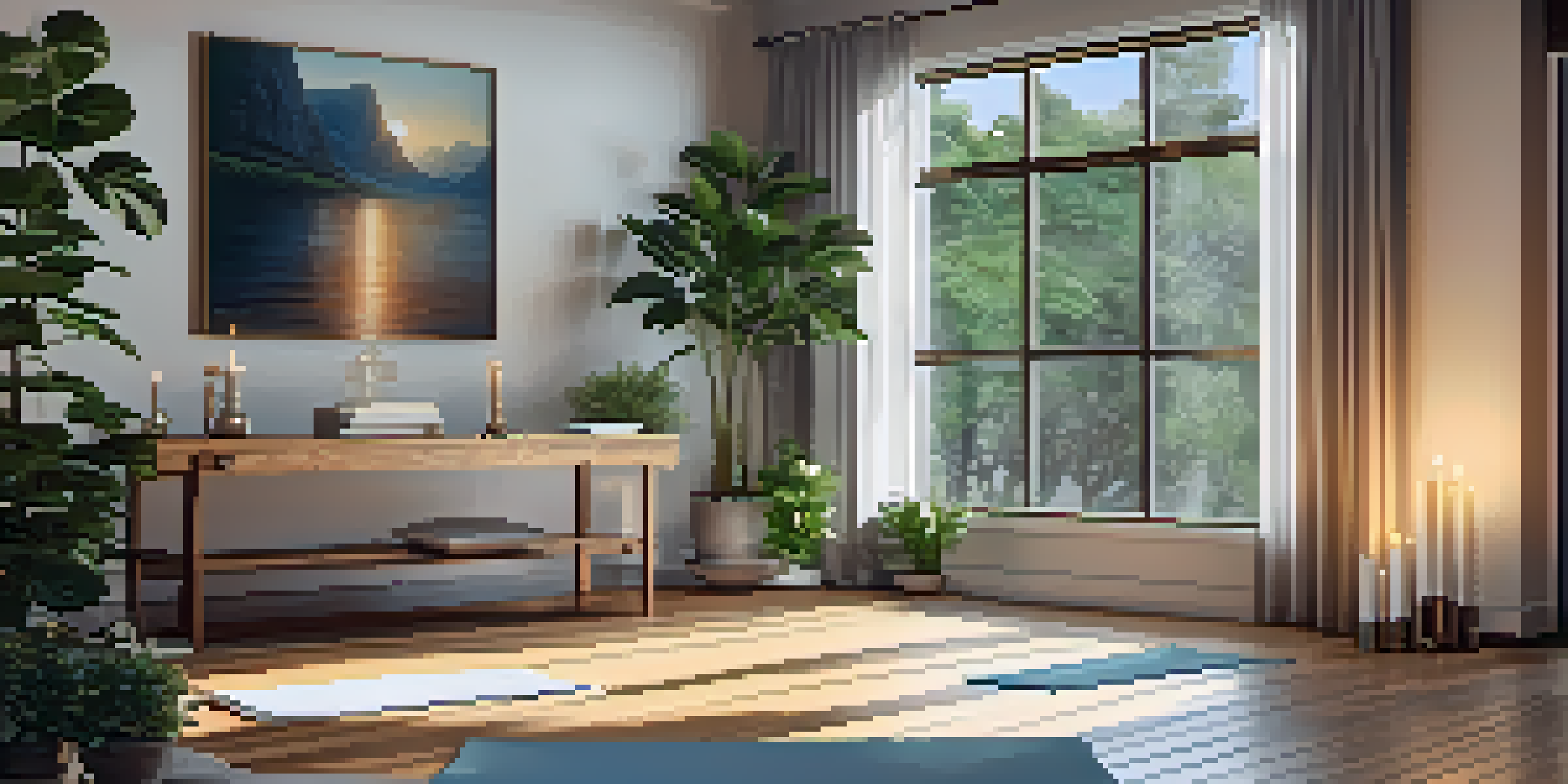 A peaceful indoor space for Pranayama practice with candles, crystals, and a yoga mat, illuminated by soft natural light.