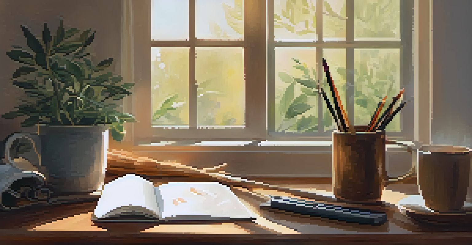 A cozy workspace with art supplies and a yoga mat, illuminated by sunlight from a window.