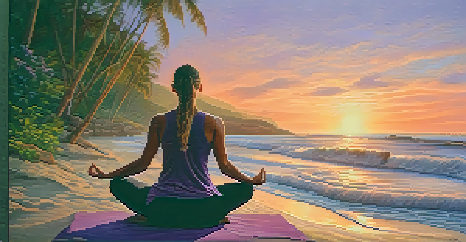 A yogi meditating on a beach at sunset, surrounded by greenery and warm colors in the sky.