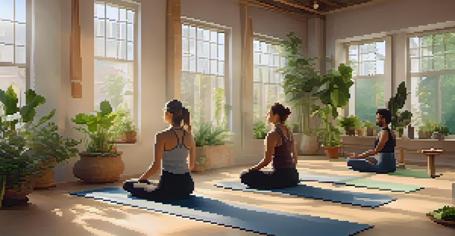 A peaceful yoga studio with people practicing seated twists, surrounded by plants and warm natural light coming through large windows.