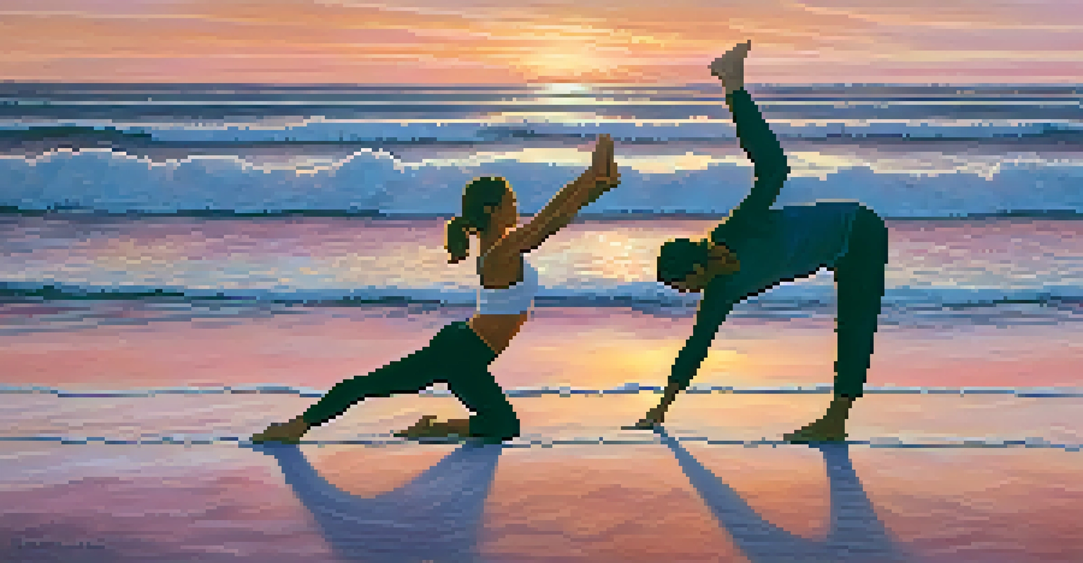 A couple doing yoga on a beach at sunset, with the sky in vibrant colors and the ocean in the background.