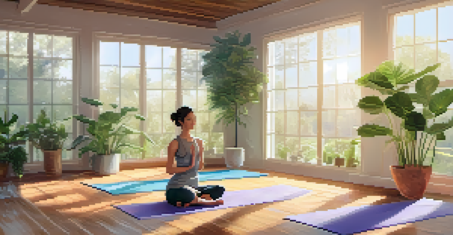 A person practicing yoga in a peaceful studio filled with sunlight and potted plants, creating a tranquil atmosphere.