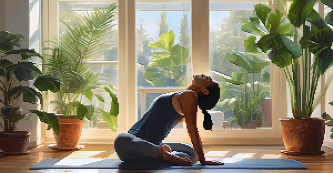 A person practicing Child's Pose in a bright yoga studio surrounded by plants, creating a peaceful and serene atmosphere.